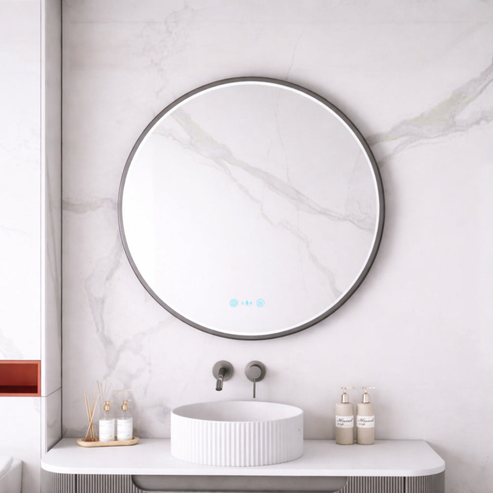 MERCIO MAIA FRAMED ROUND LED MIRROR GUN METAL 750X750MM