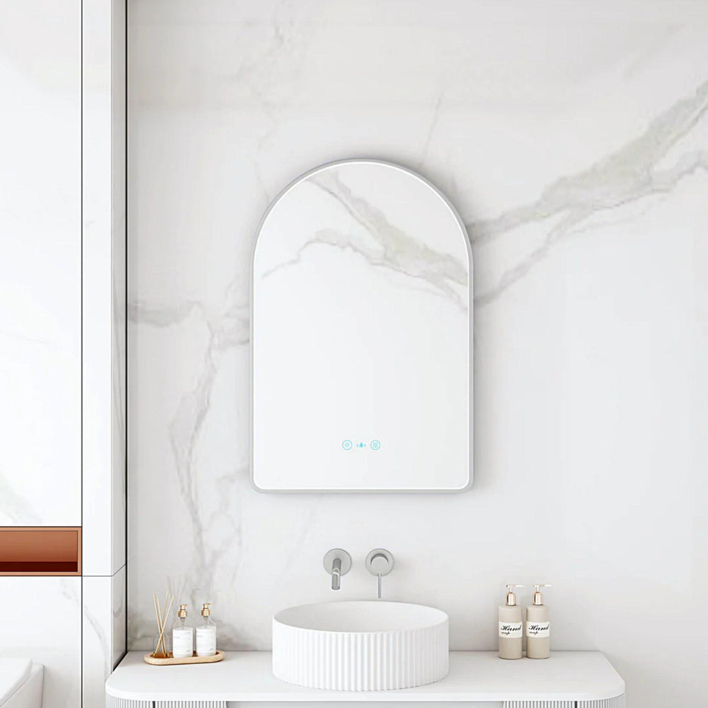 MERCIO MAIA FRAMED ARCH LED MIRROR BRUSHED NICKEL 600X900MM