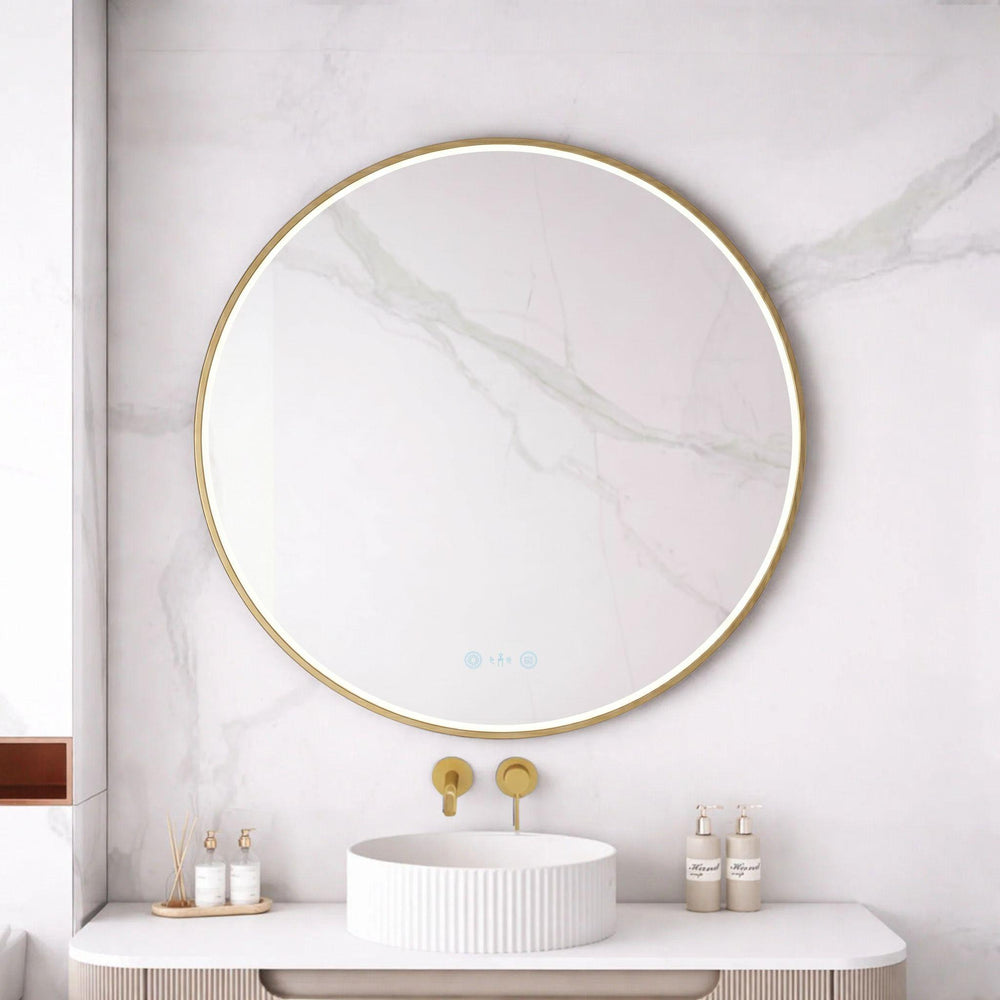 MERCIO MAIA FRAMED ROUND LED MIRROR BRUSHED GOLD 900X900MM