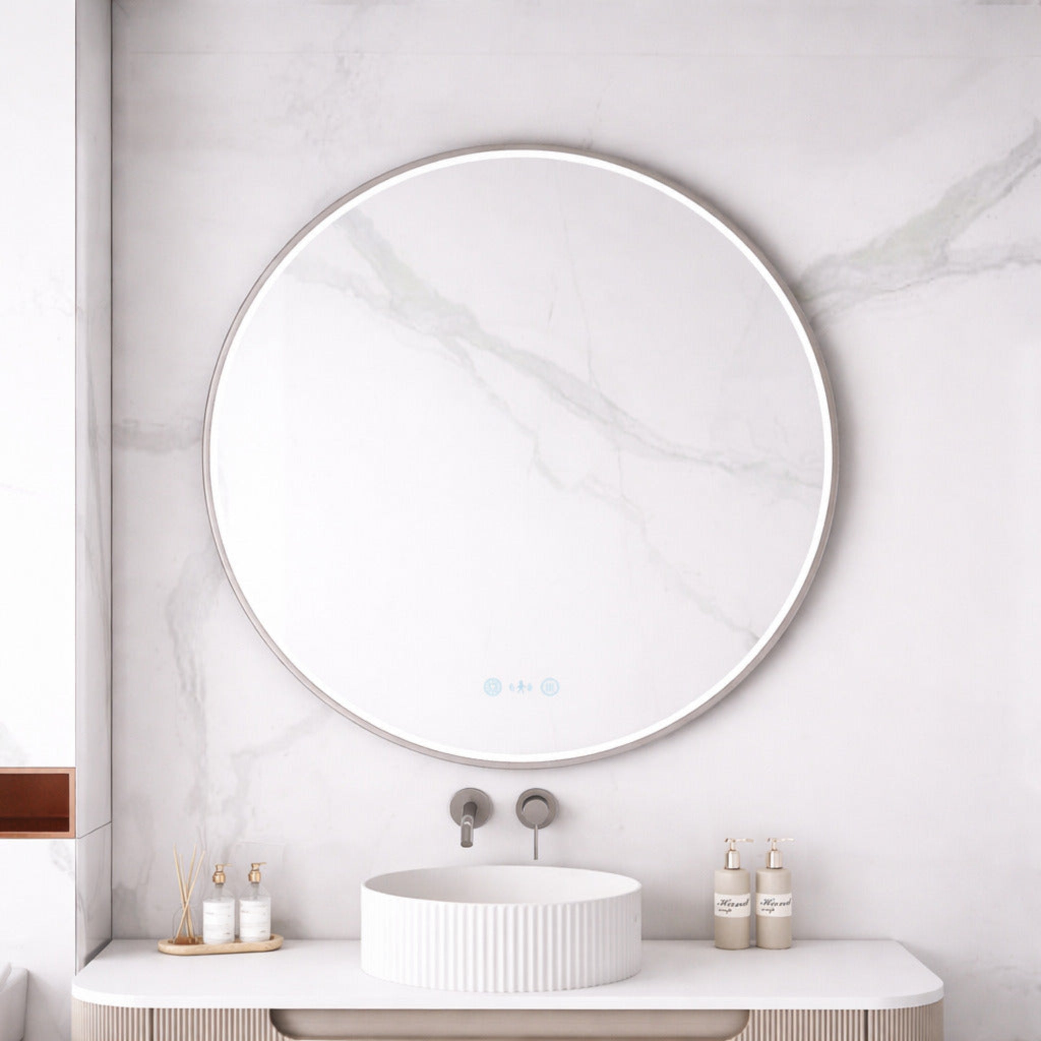 MERCIO MAIA FRAMED ROUND LED MIRROR BRUSHED NICKEL 900X900MM