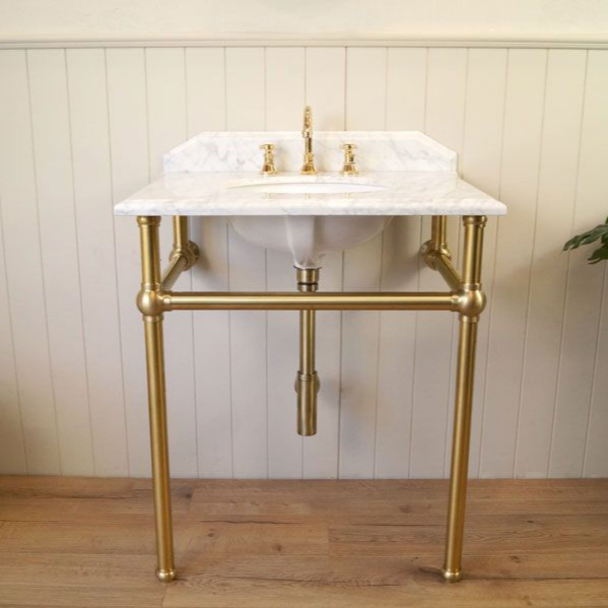 TURNER HASTINGS MAYER BASIN STAND WITH REAL CARRARA MARBLE TOP BRUSHED BRASS 750MM