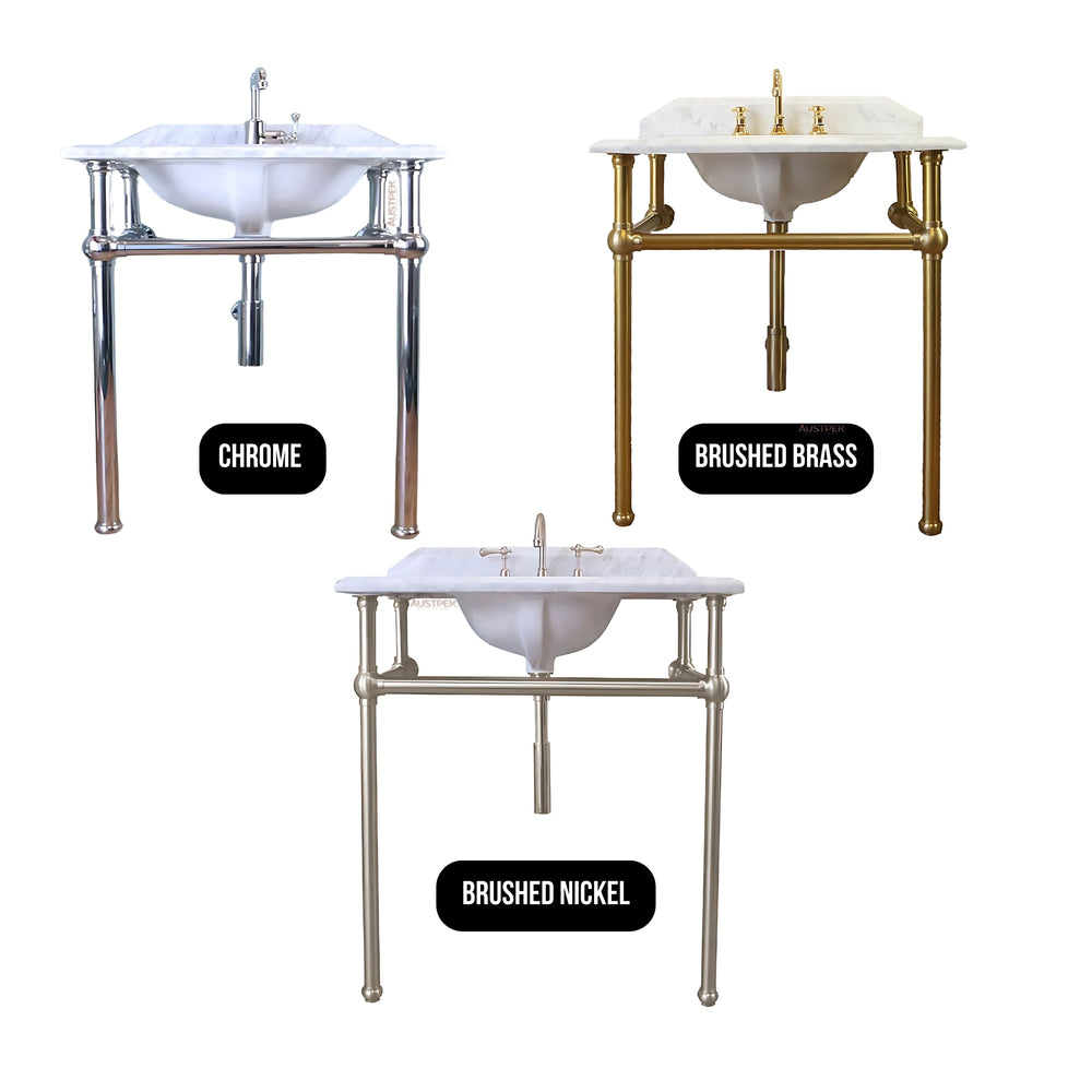 TURNER HASTINGS MAYER BASIN STAND WITH REAL CARRARA MARBLE TOP BRUSHED BRASS 750MM