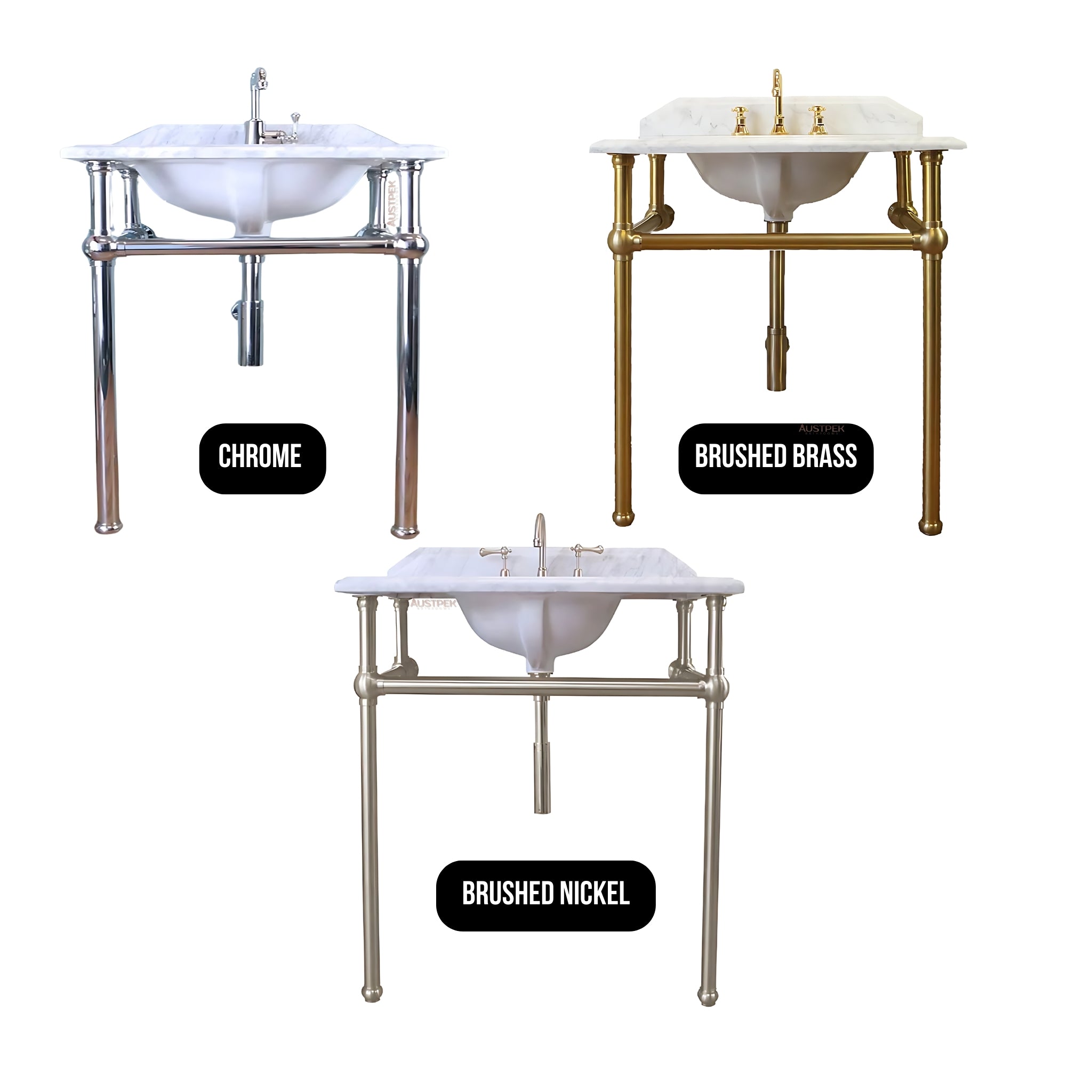 TURNER HASTINGS MAYER BASIN STAND WITH REAL CARRARA MARBLE TOP BRUSHED BRASS 750MM
