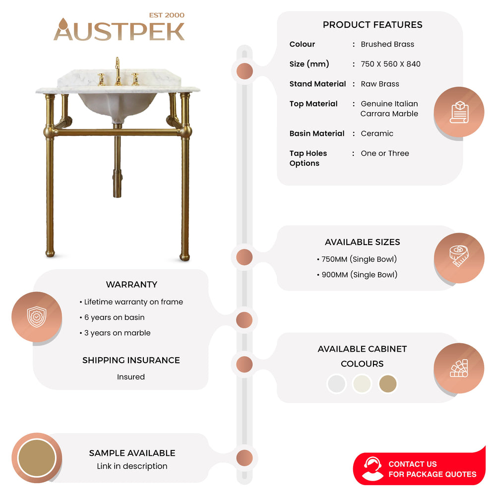 TURNER HASTINGS MAYER BASIN STAND WITH REAL CARRARA MARBLE TOP BRUSHED BRASS 750MM