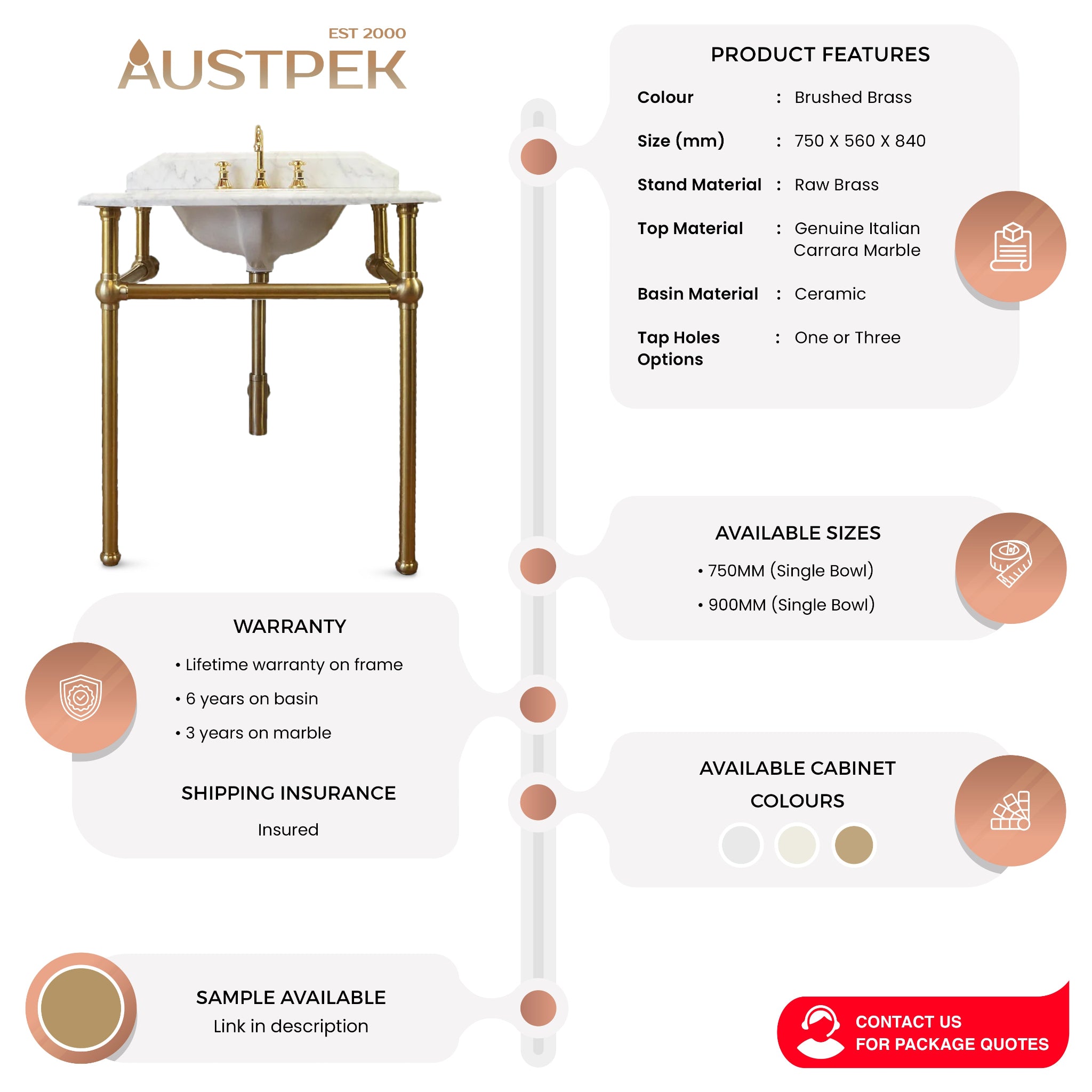 TURNER HASTINGS MAYER BASIN STAND WITH REAL CARRARA MARBLE TOP BRUSHED BRASS 750MM