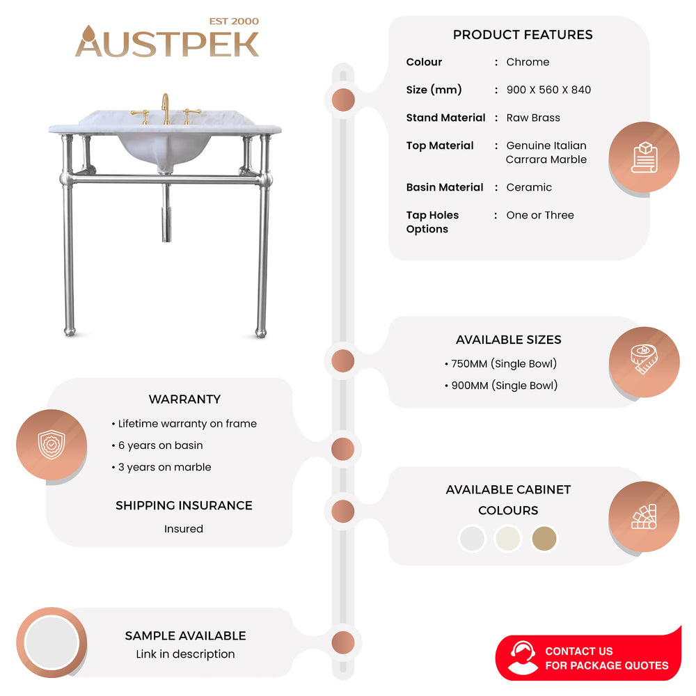 TURNER HASTINGS MAYER BASIN STAND WITH REAL CARRARA MARBLE TOP CHROME 900MM