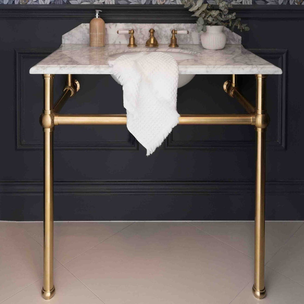 TURNER HASTINGS MAYER BASIN STAND WITH REAL CARRARA MARBLE TOP BRUSHED BRASS 900MM