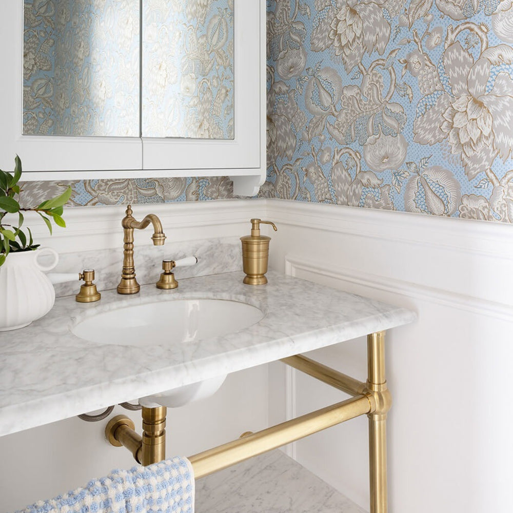 TURNER HASTINGS MAYER BASIN STAND WITH REAL CARRARA MARBLE TOP BRUSHED BRASS 900MM