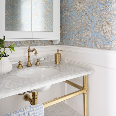 TURNER HASTINGS MAYER BASIN STAND WITH REAL CARRARA MARBLE TOP BRUSHED BRASS 900MM