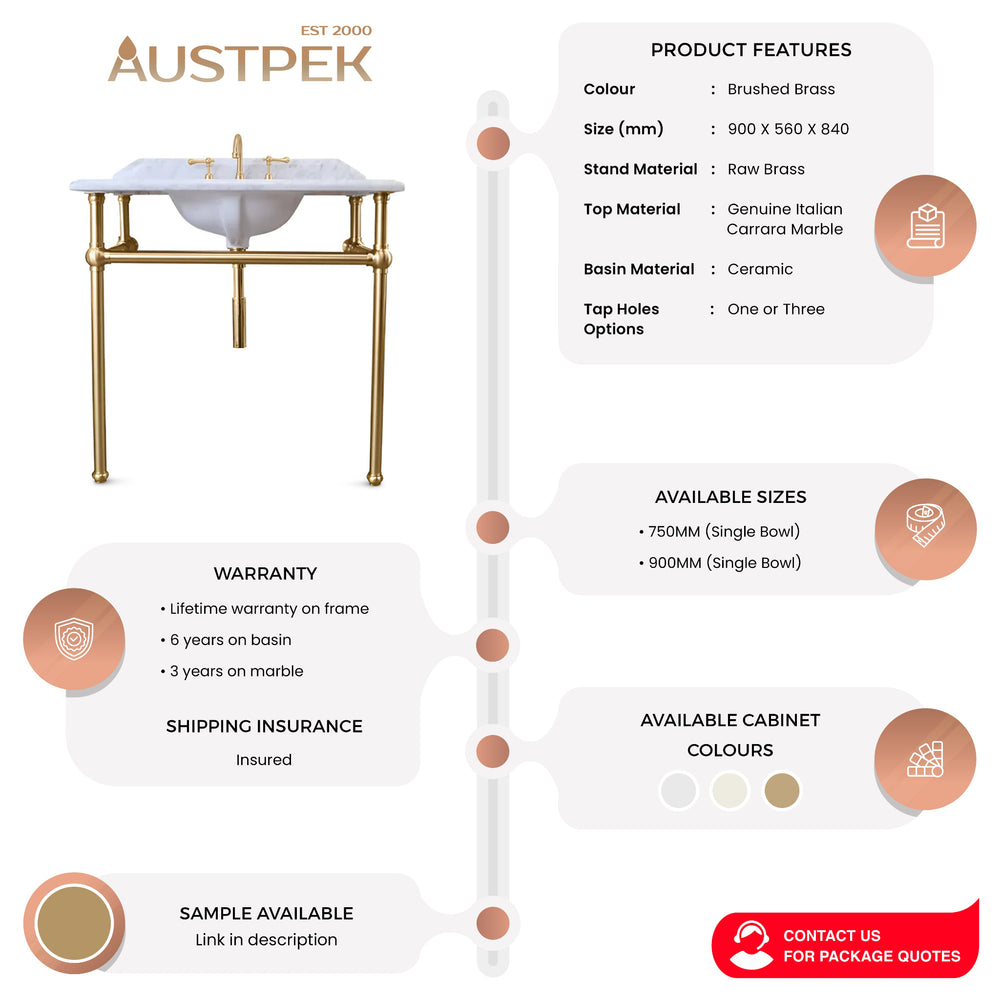 TURNER HASTINGS MAYER BASIN STAND WITH REAL CARRARA MARBLE TOP BRUSHED BRASS 900MM