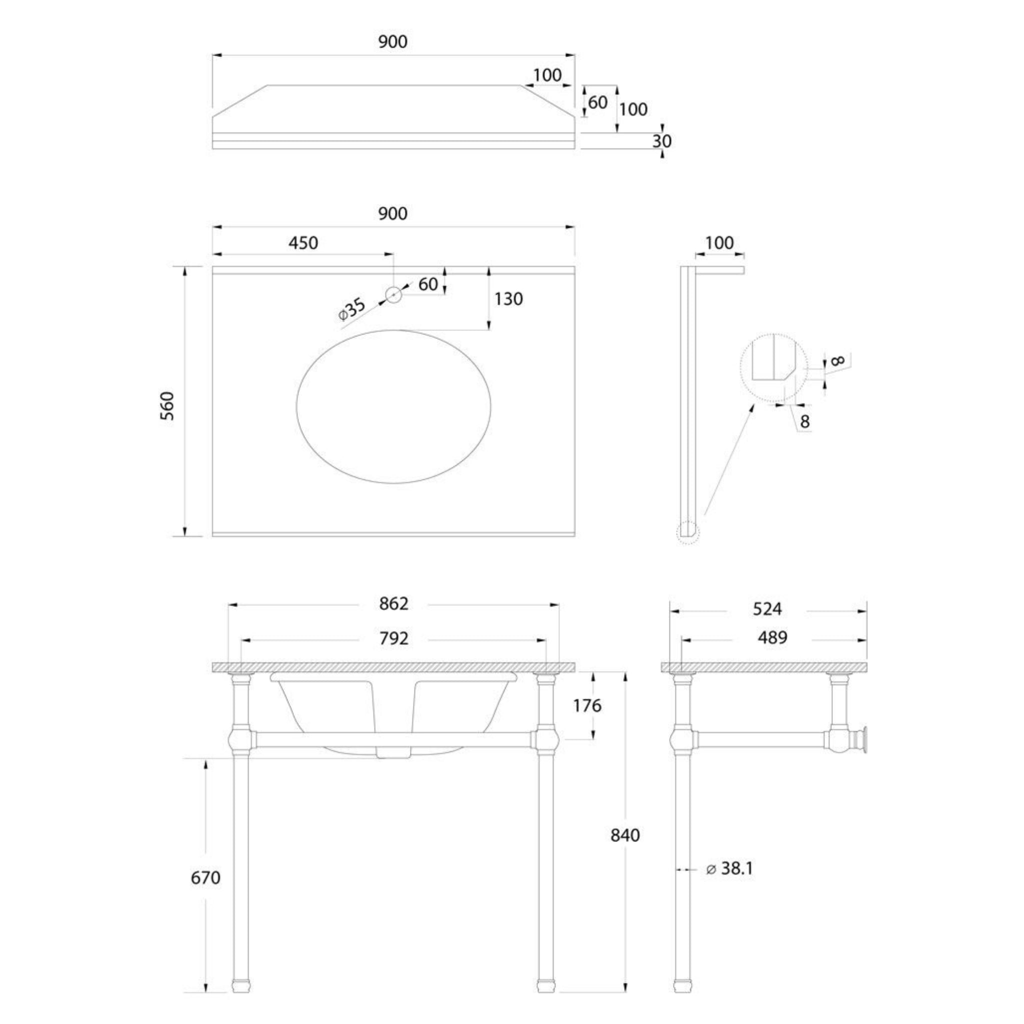 TURNER HASTINGS MAYER BASIN STAND WITH REAL CARRARA MARBLE TOP BRUSHED BRASS 900MM