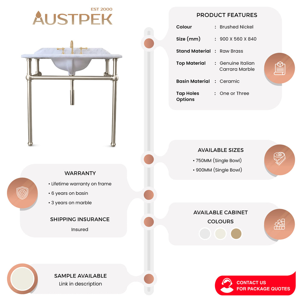 TURNER HASTINGS MAYER BASIN STAND WITH REAL CARRARA MARBLE TOP BRUSHED NICKEL 900MM