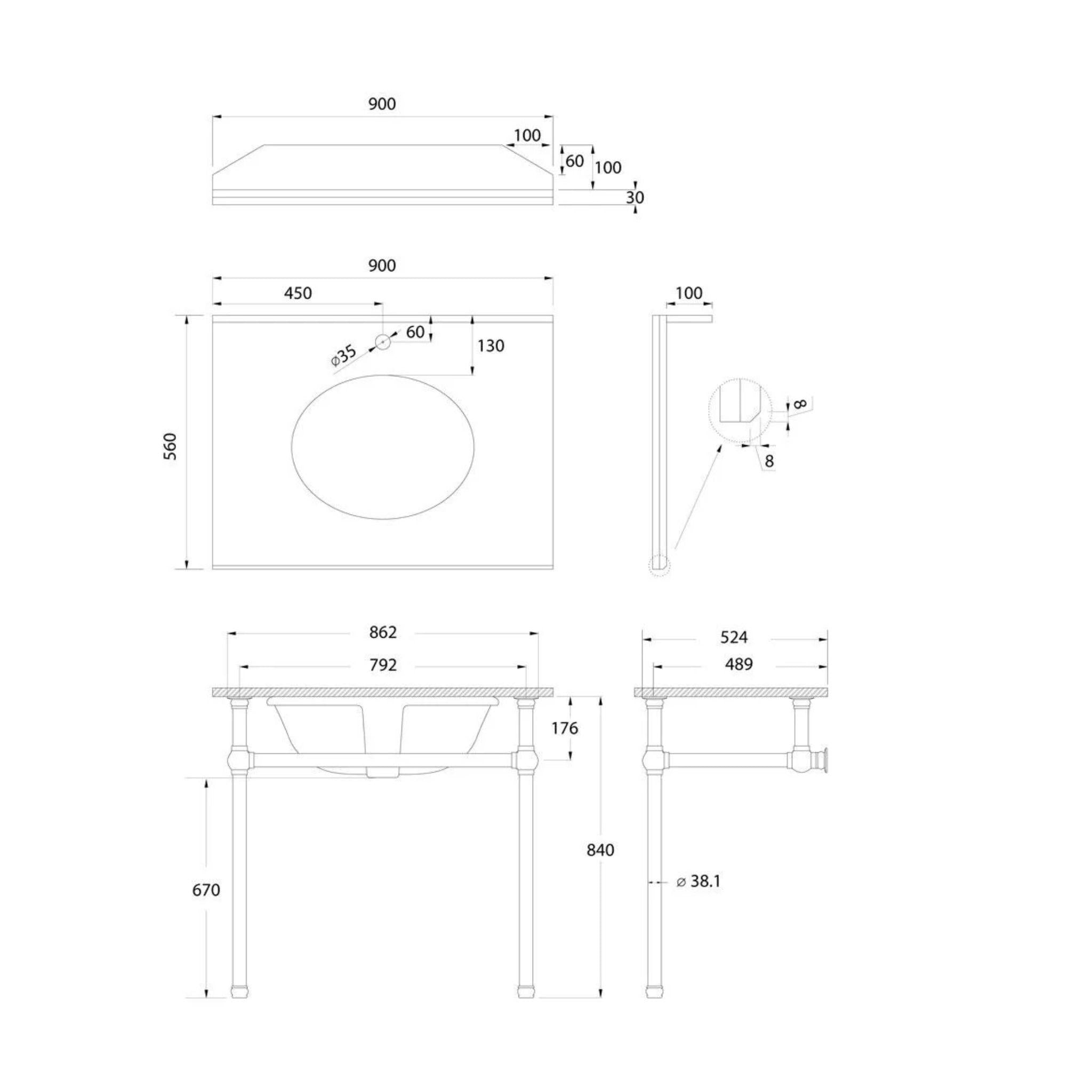 TURNER HASTINGS MAYER BASIN STAND WITH REAL CARRARA MARBLE TOP BRUSHED NICKEL 900MM
