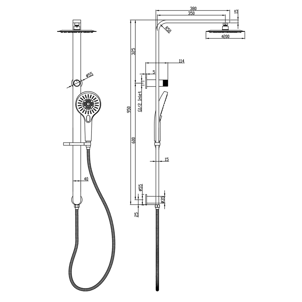 Linsol Mason Shower Combination Multifunction 200mm dimensions