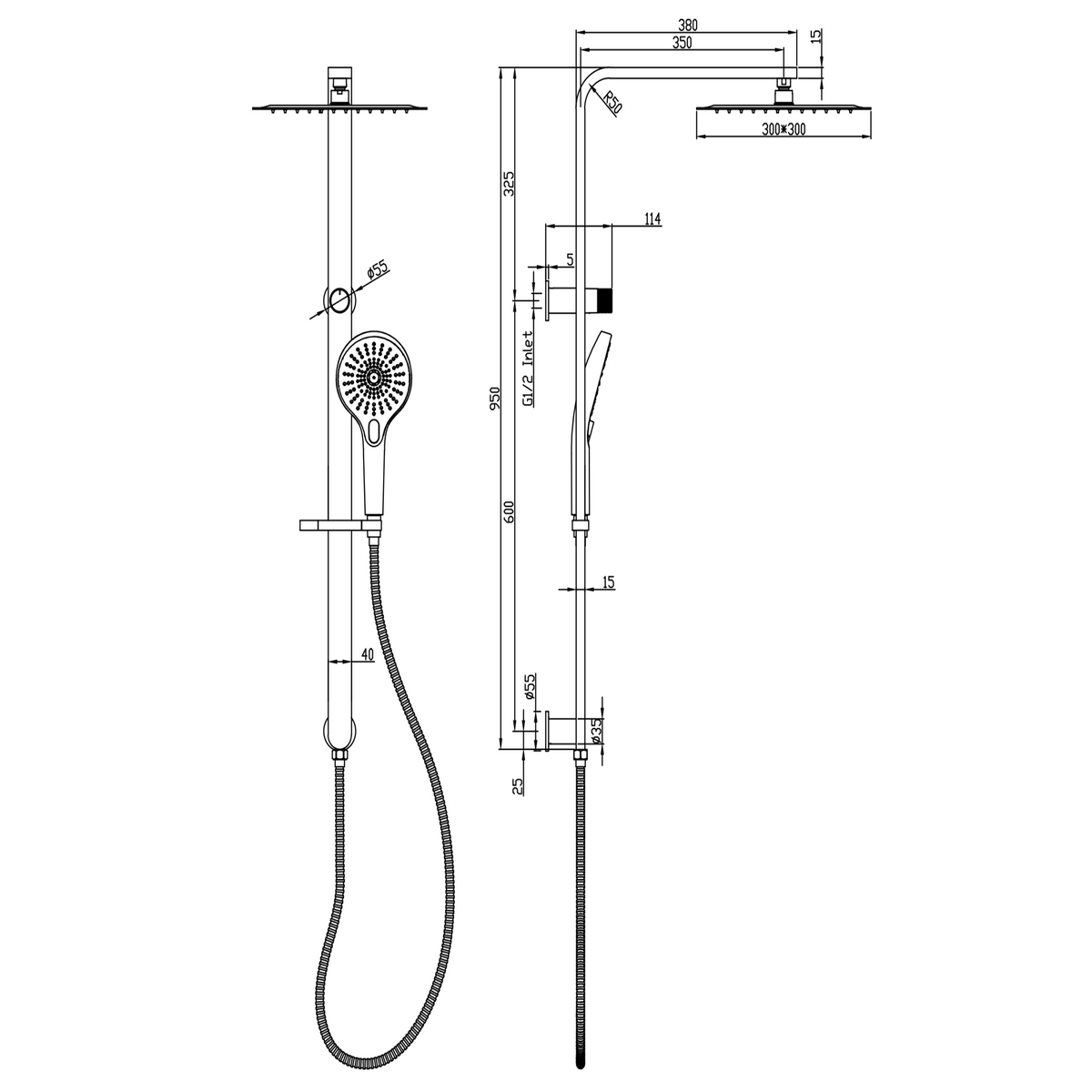 LINSOL MASON SHOWER COMBINATION 300MM SQUARE - Technical Drawing