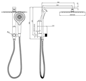 Linsol Mason Short Shower Combination Multifunction 300mm Square dimensions