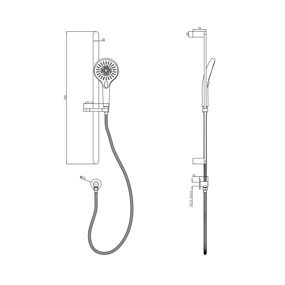 LINSOL MASON SLIDING SHOWER RAIL - Technical Drawing