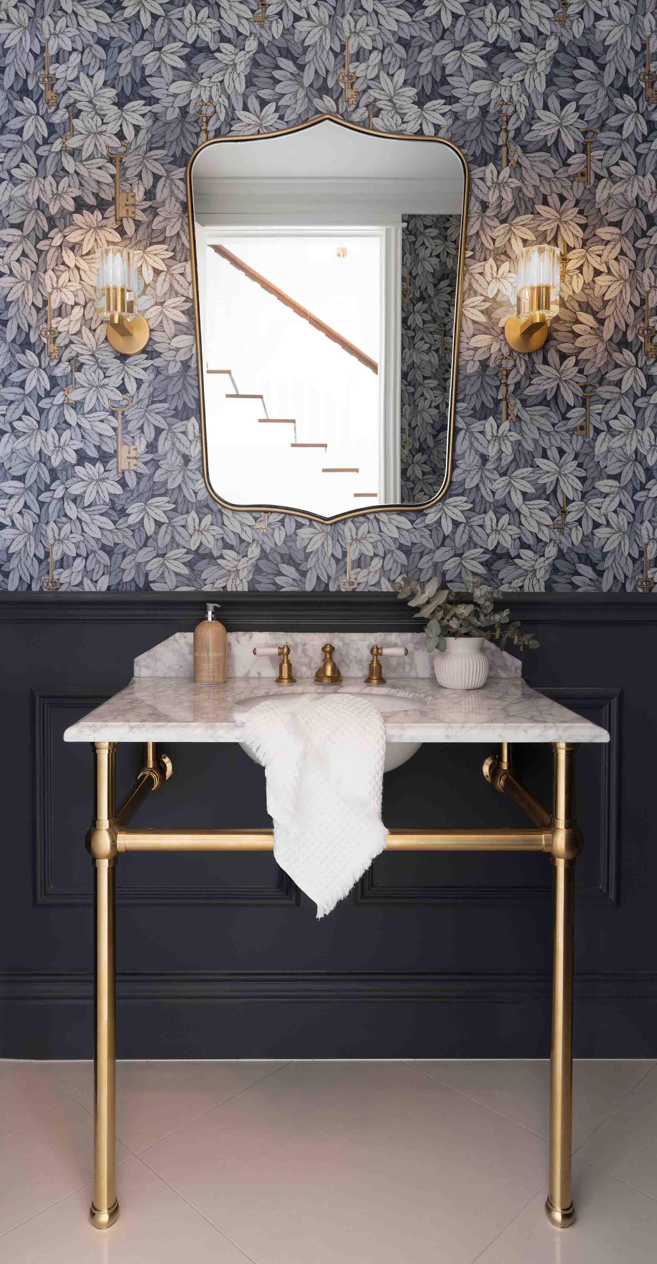 TURNER HASTINGS MAYER BASIN STAND WITH REAL CARRARA MARBLE TOP BRUSHED BRASS 900MM