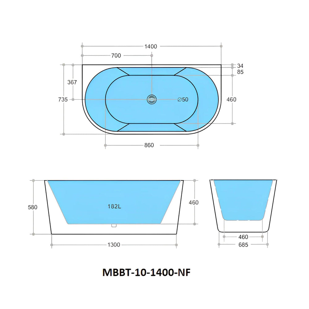 POSEIDON ELIVIA BACK TO WALL BATHTUB MATTE BLACK AND MATTE WHITE (AVAILABLE IN 1400MM, 1500MM AND 1700MM)