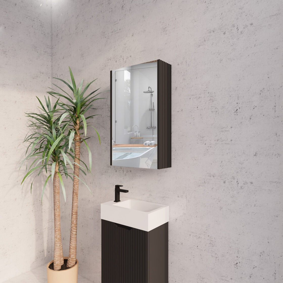 RIVA GENEVA MATTE BLACK FLUTED MIRROR CABINET 450X720MM