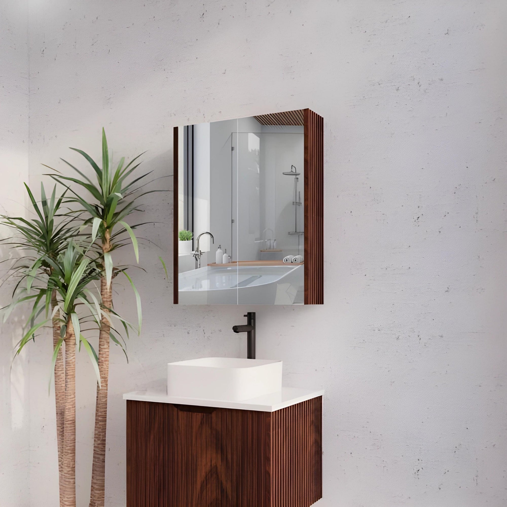 RIVA GENEVA FLUTED BROWN OAK MIRROR SHAVING CABINET 600X720MM