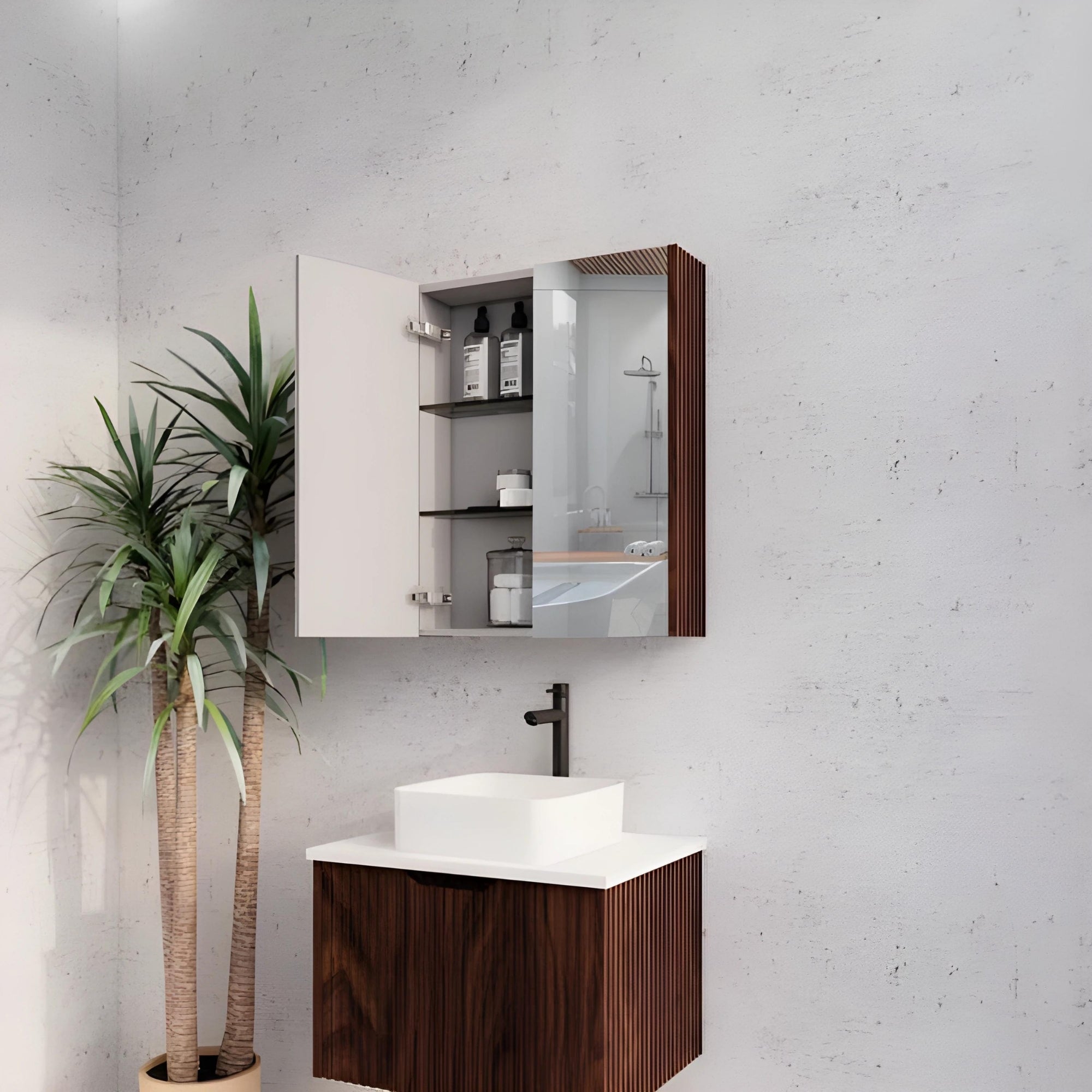 RIVA GENEVA FLUTED BROWN OAK MIRROR SHAVING CABINET 600X720MM
