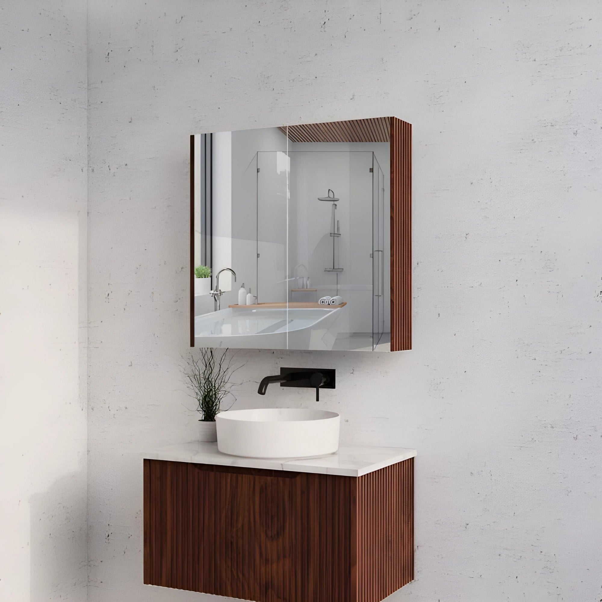 RIVA GENEVA FLUTED BROWN OAK MIRROR SHAVING CABINET 750X720MM