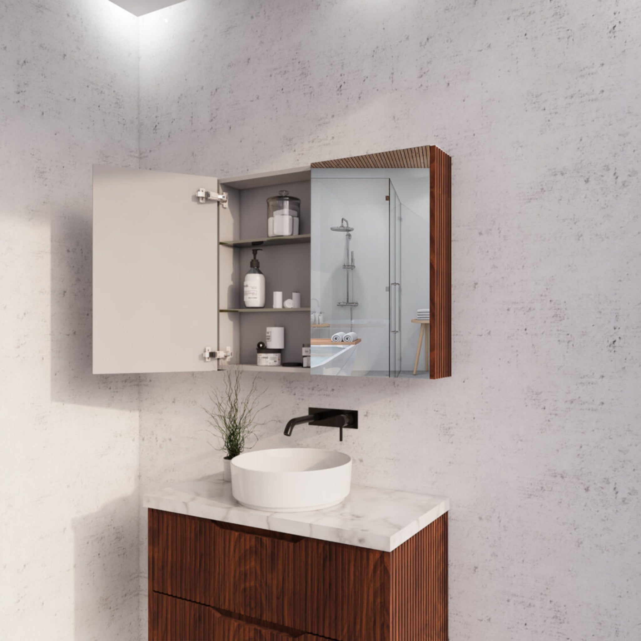 RIVA GENEVA FLUTED BROWN OAK MIRROR SHAVING CABINET 900X720MM