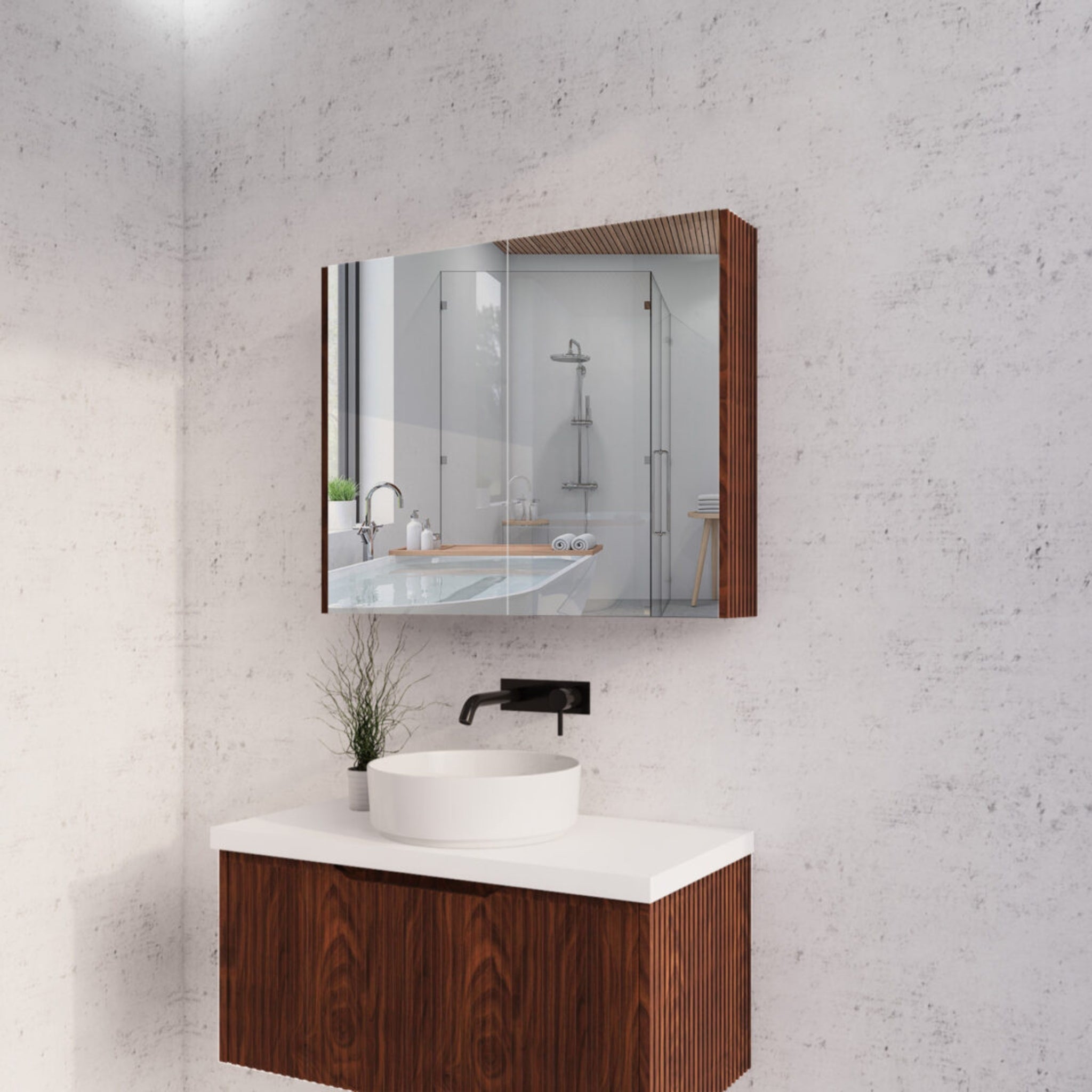 RIVA GENEVA FLUTED BROWN OAK MIRROR SHAVING CABINET 900X720MM