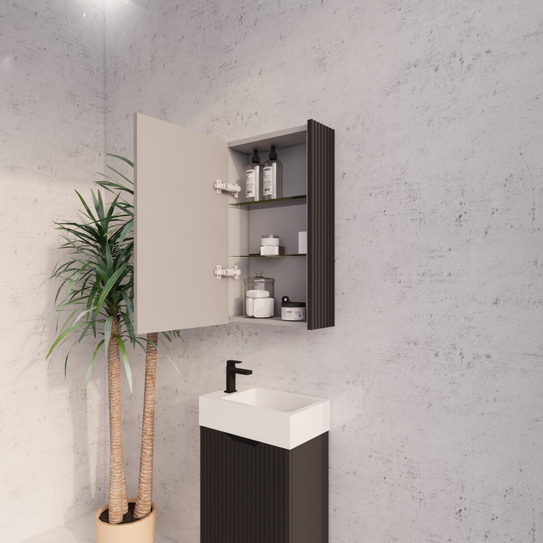 RIVA GENEVA MATTE BLACK FLUTED MIRROR CABINET 450X720MM