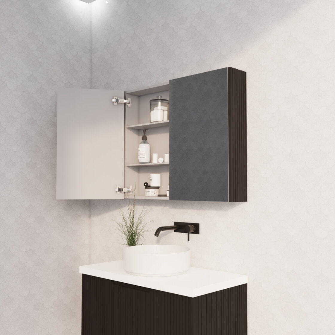 RIVA GENEVA MATTE BLACK FLUTED MIRROR CABINET 900X720MM