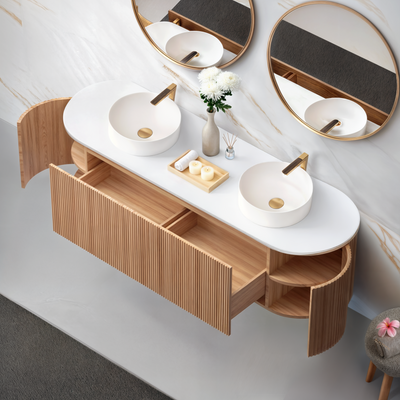 ORIO MONTEBELLO LIGHT WALNUT FLUTED 1500MM OVAL DOUBLE BOWL WALL HUNG VANITY