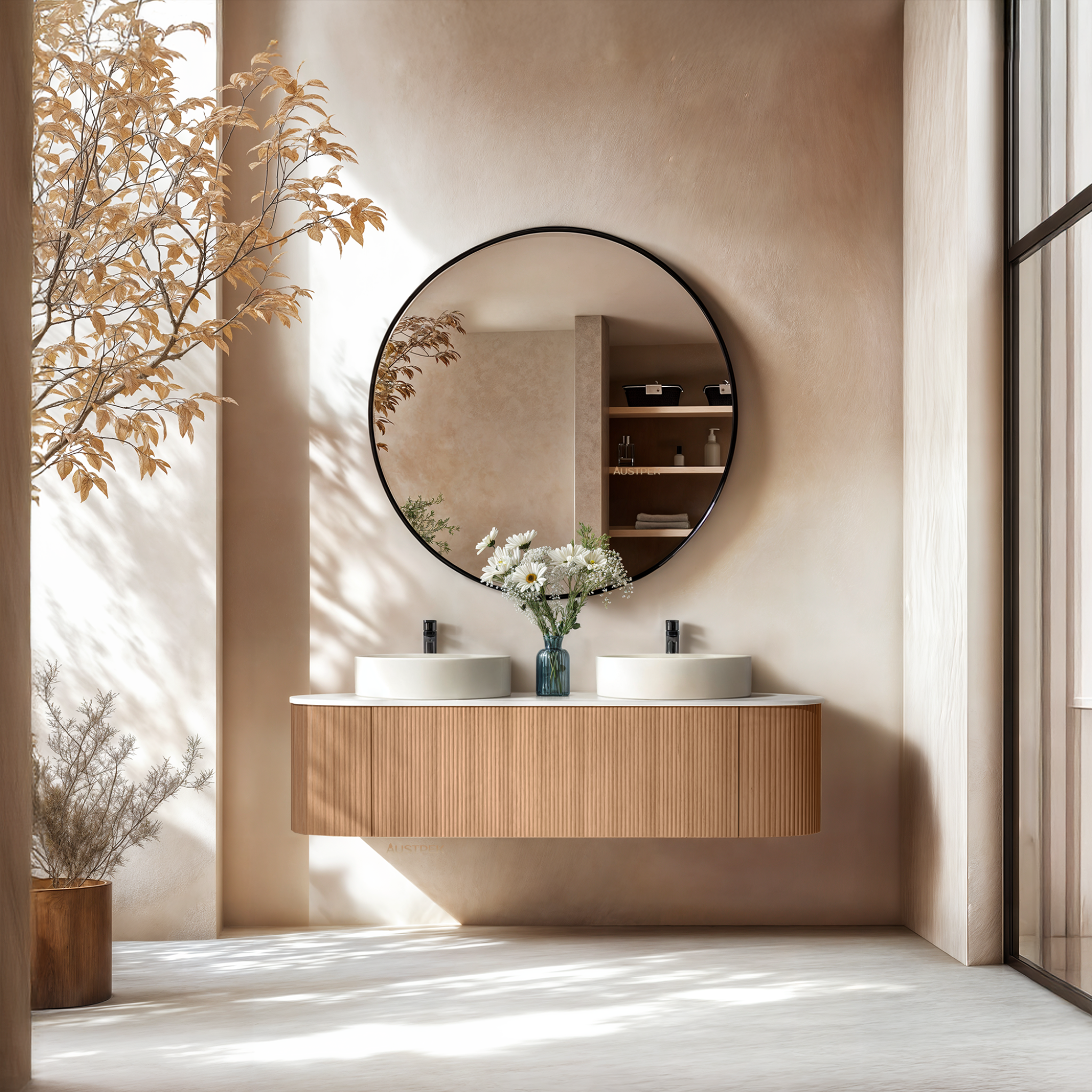 ORIO MONTEBELLO LIGHT WALNUT FLUTED 1500MM OVAL DOUBLE BOWL WALL HUNG VANITY