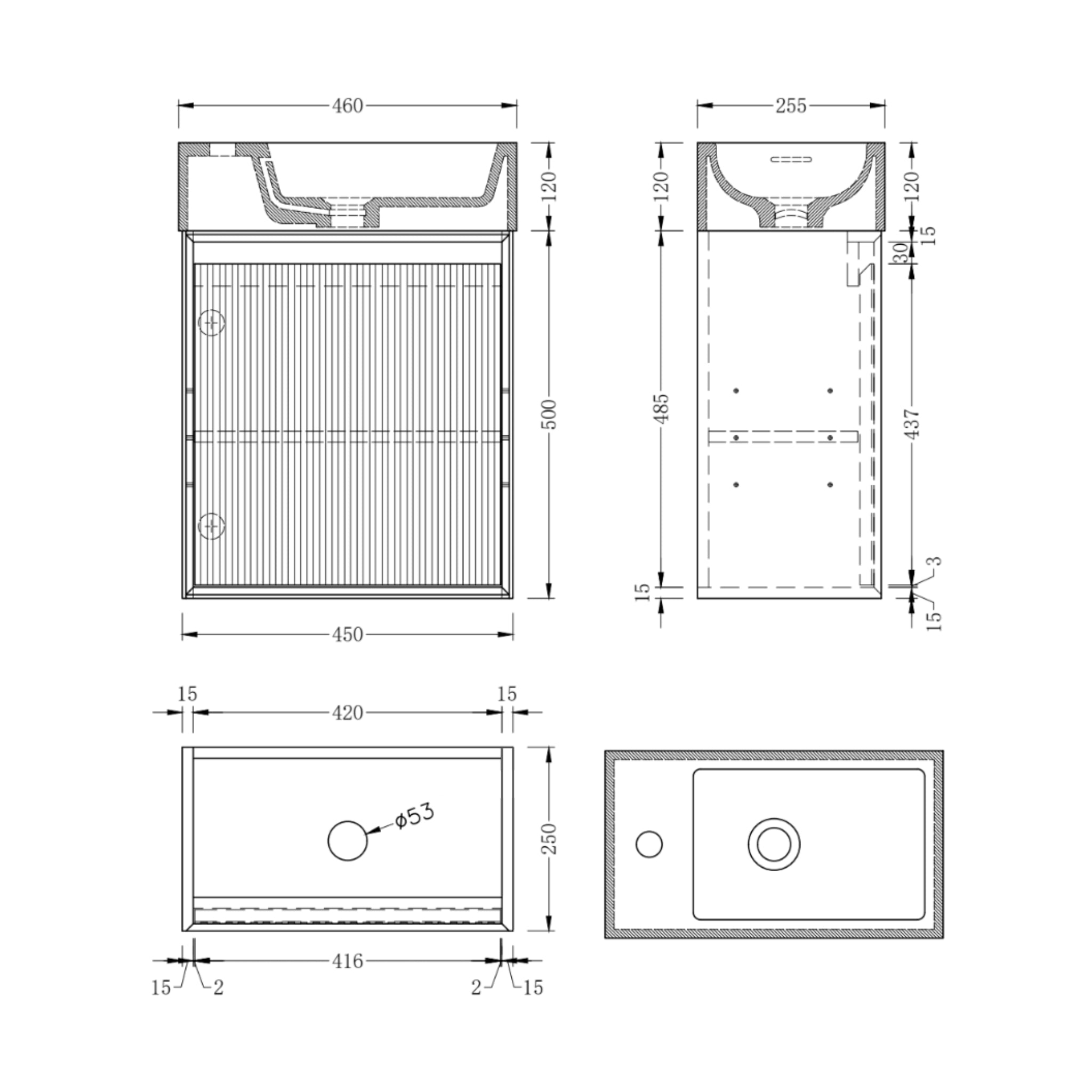 ORIO MONTEBELLO LIGHT WALNUT SPACE SAVING WALL HUNG VANITY WITH SOLID SURFACE BASIN 450MM