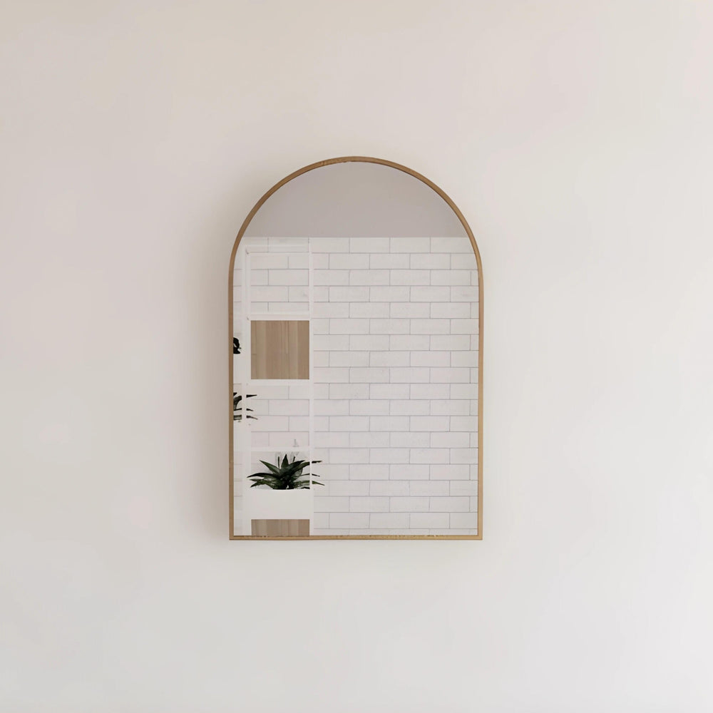 RIVA FRAMED ARCH MIRROR WALL MOUNTED BRUSHED GOLD 600X900MM