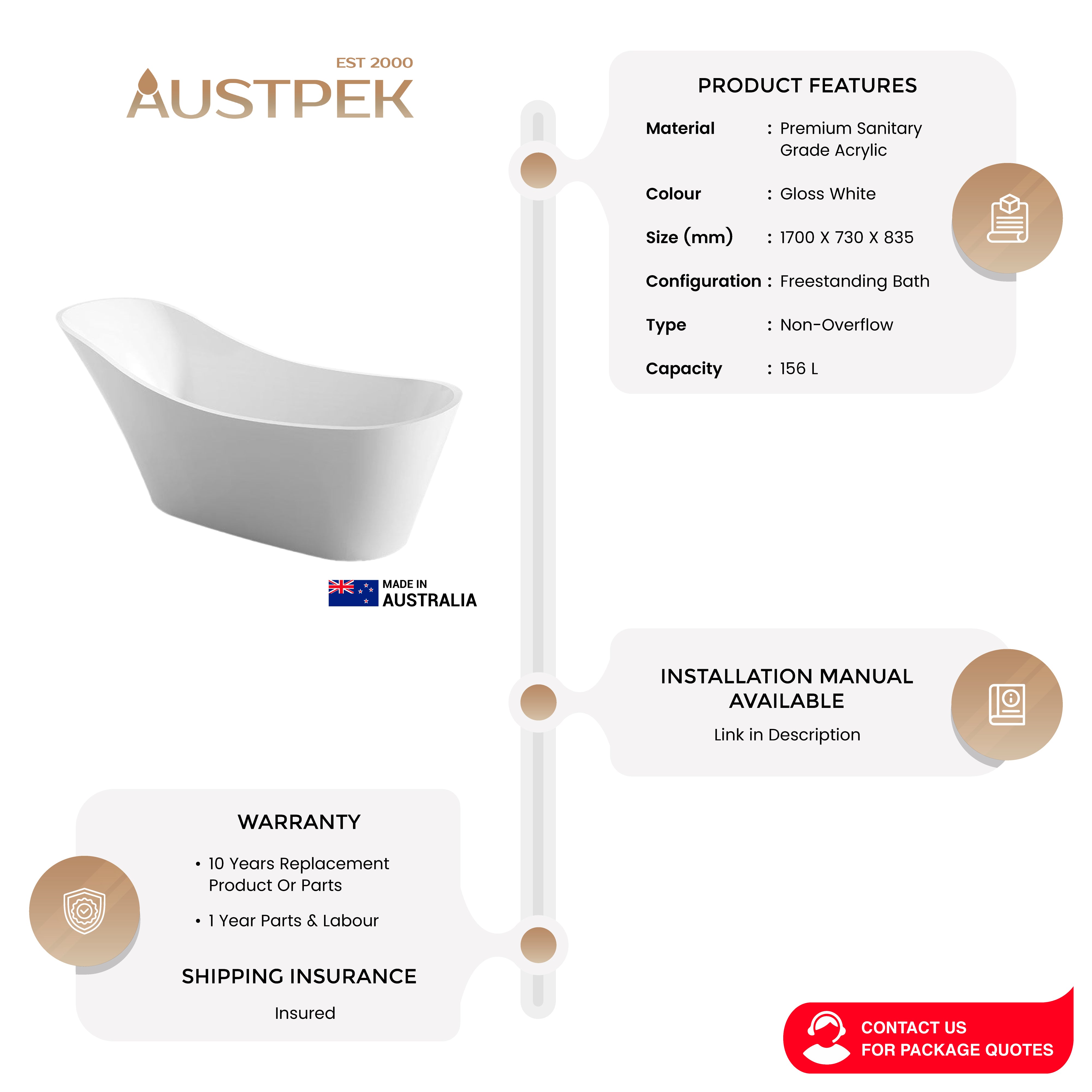 DECINA MARCELLA FREESTANDING BATH GLOSS WHITE 1700MM