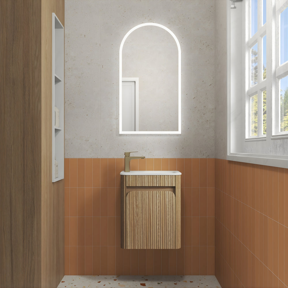 AULIC MINI HARTELLE HARVEST OAK 450MM SPACE SAVING WALL HUNG VANITY