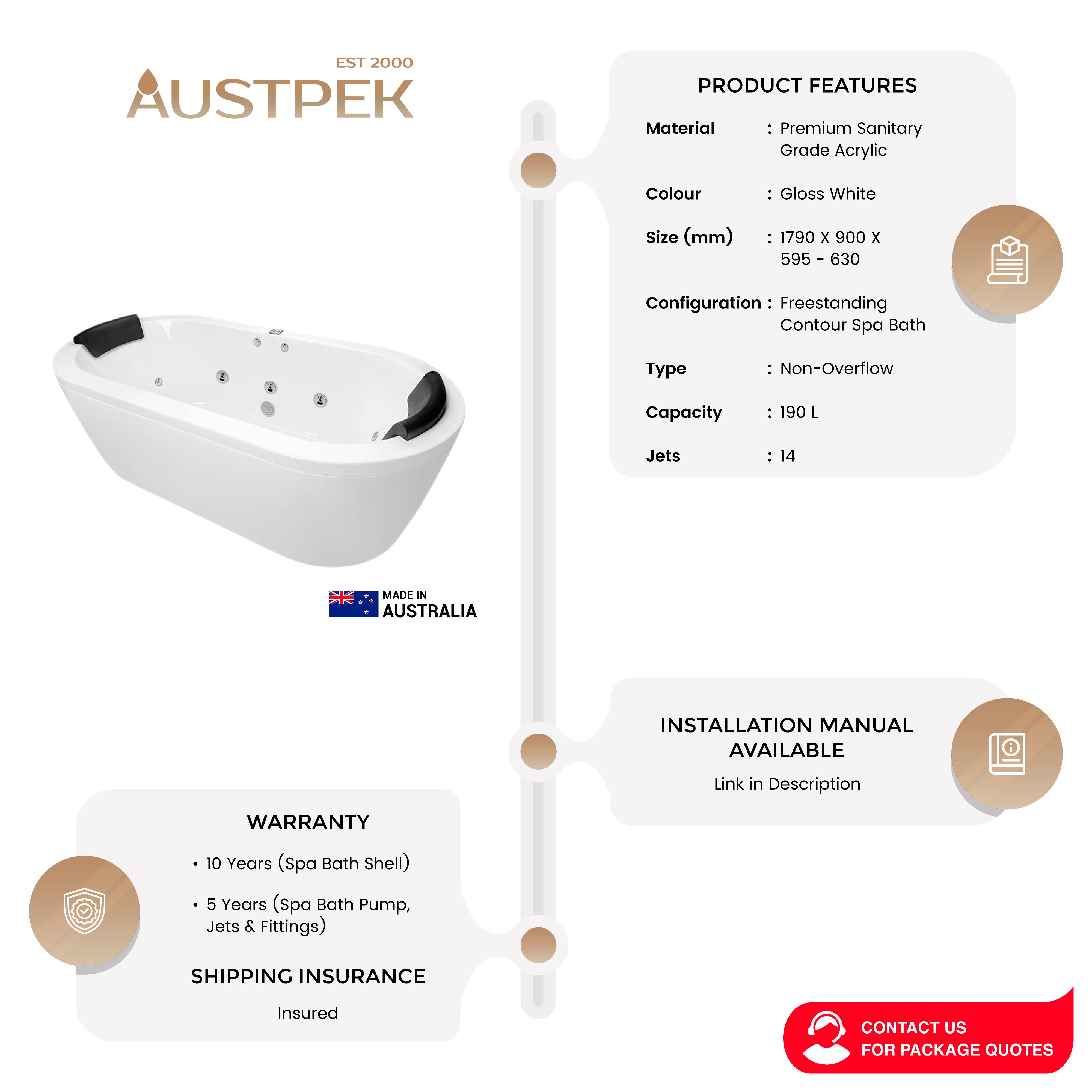 DECINA MINTORI FREESTANDING CONTOUR SPA BATH GLOSS WHITE 1790MM WITH 14-JETS