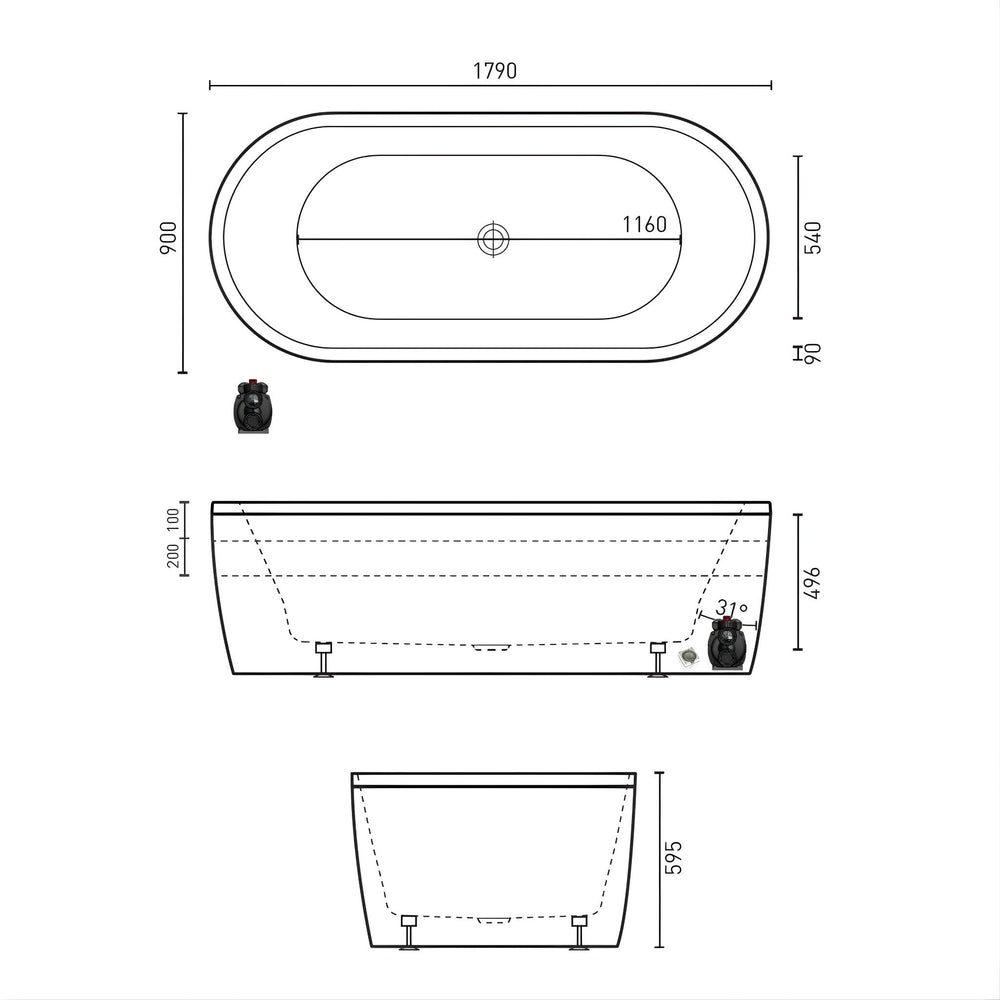 DECINA MINTORI FREESTANDING DOLCE VITA SPA BATH GLOSS WHITE 1790MM WITH 18-JETS