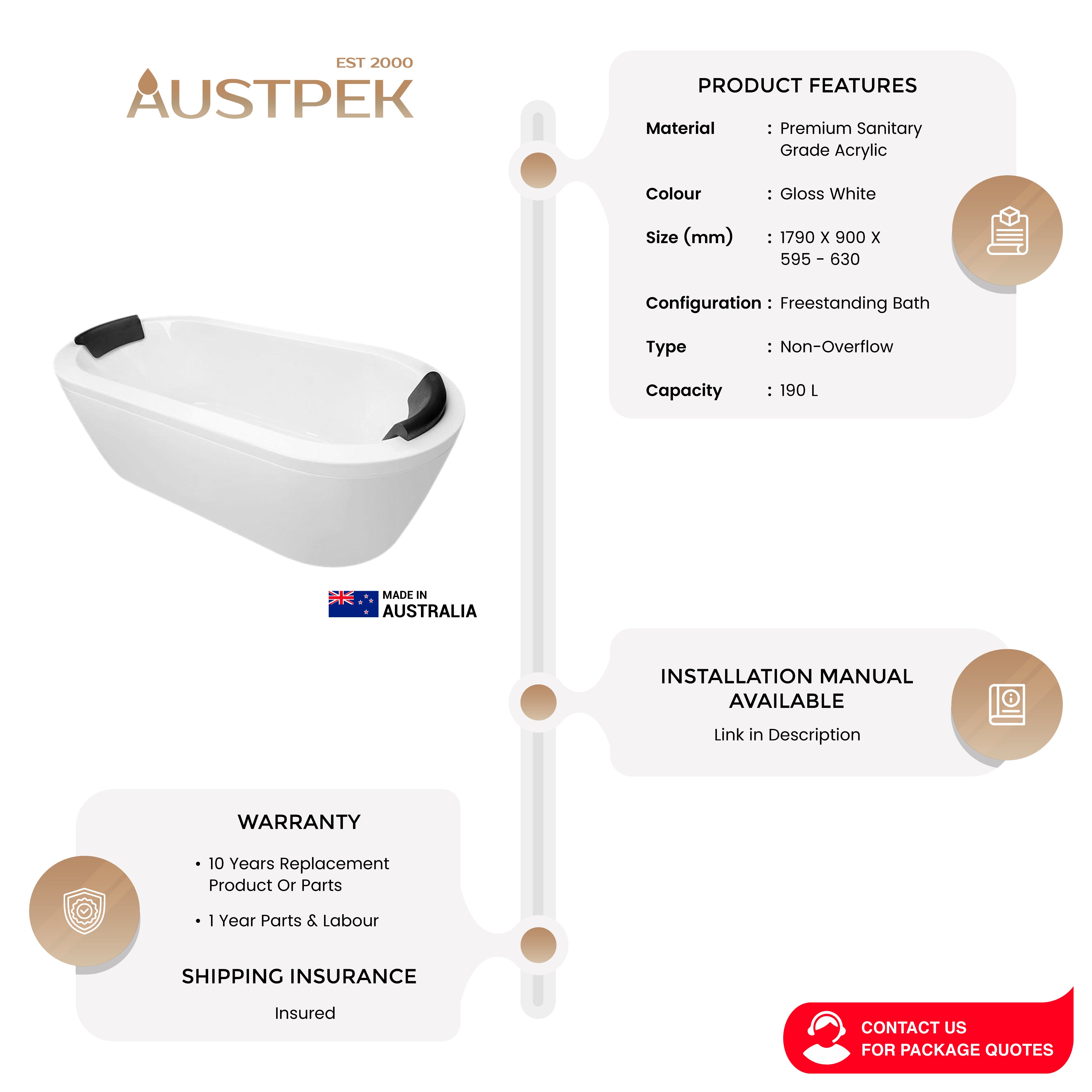 DECINA MINTORI FREESTANDING BATH GLOSS WHITE 1790MM