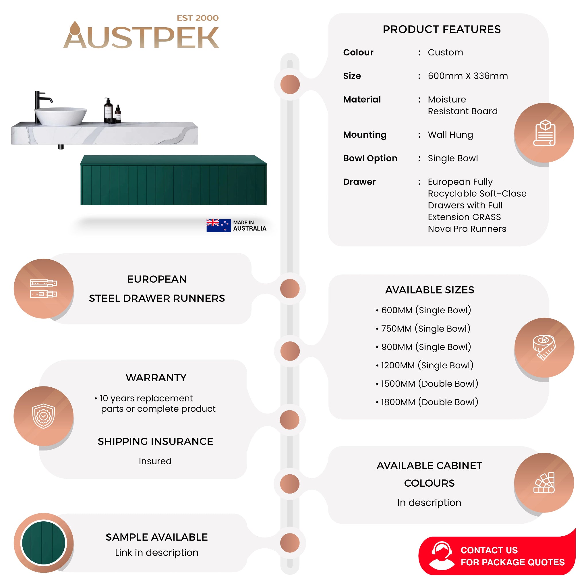 TIMBERLINE MILAN CUSTOM WALL HUNG VANITY (ALL SIZING)