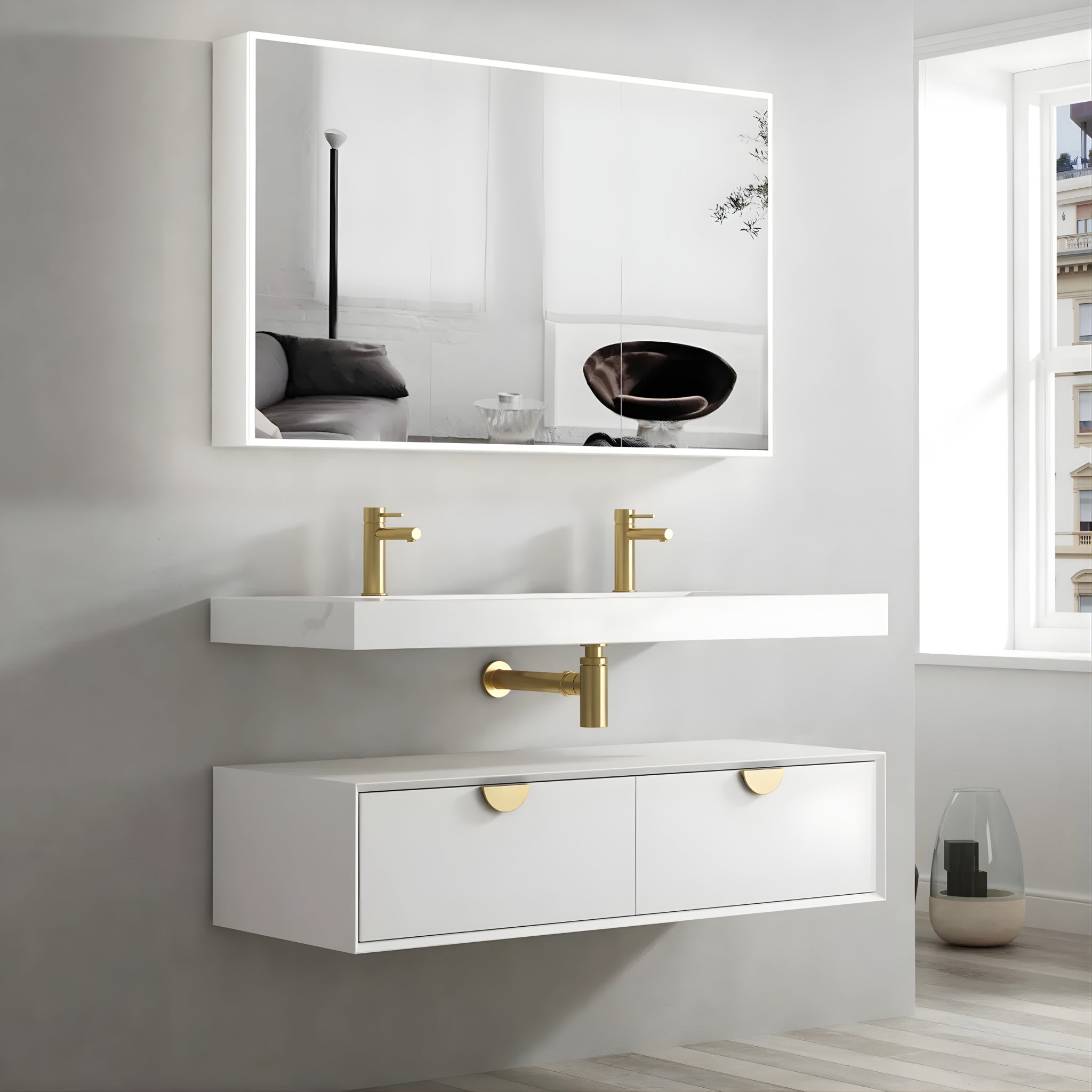OTTI MOONLIGHT WHITE 1200MM DOUBLE BOWL WALL HUNG CABINET AND BASIN