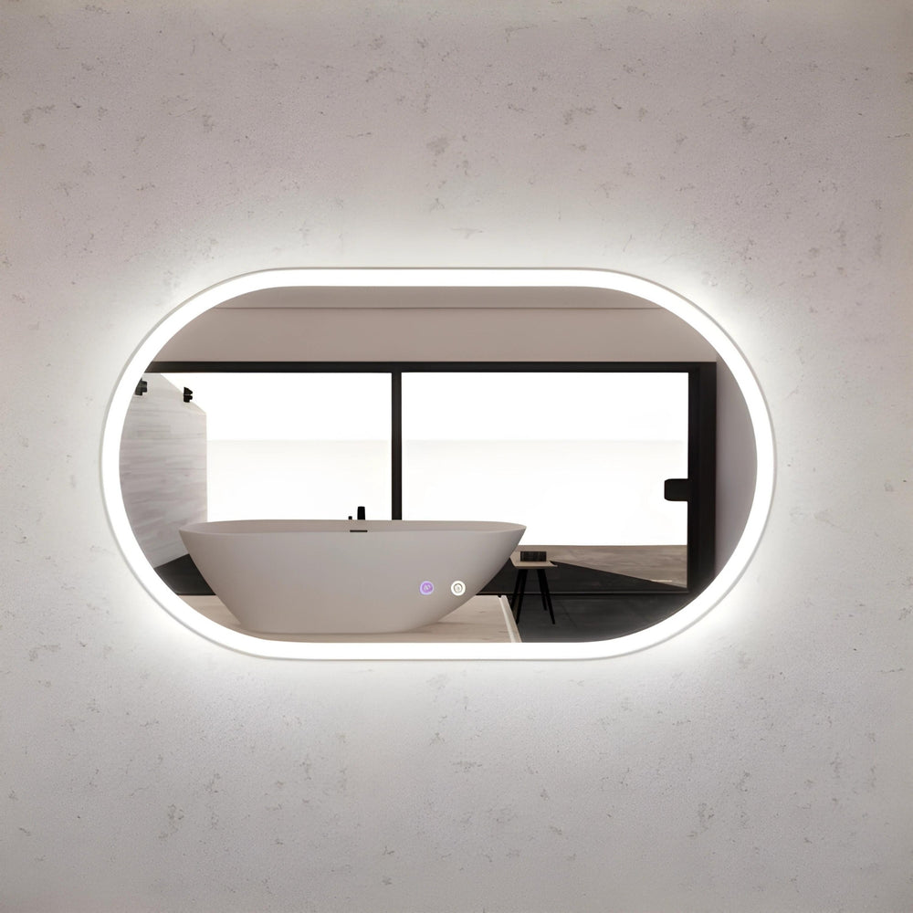 RIVA O1 FRAMED OVAL LED MIRROR 3 COLOUR LIGHTS BRUSHED NICKEL 1200X700MM