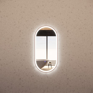 RIVA O1 FRAMED OVAL LED MIRROR 3 COLOUR LIGHTS BRUSHED COPPER 450X900MM