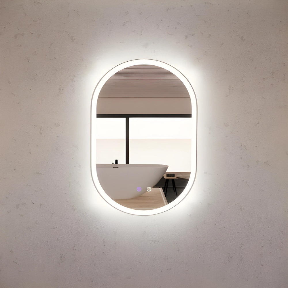 RIVA O1 FRAMED OVAL LED MIRROR 3 COLOUR LIGHTS BRUSHED NICKEL 600X900MM