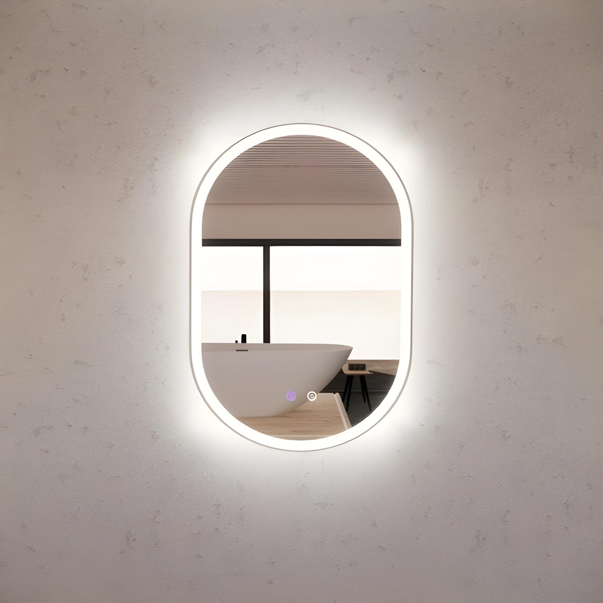 RIVA O1 FRAMED OVAL LED MIRROR 3 COLOUR LIGHTS BRUSHED NICKEL 600X900MM