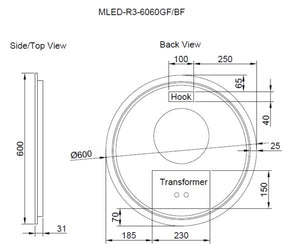 RIVA R3 FRAMED ROUND LED MIRROR 3 COLOUR LIGHTS WITH DIMMER BRUSHED NICKEL 600X600MM