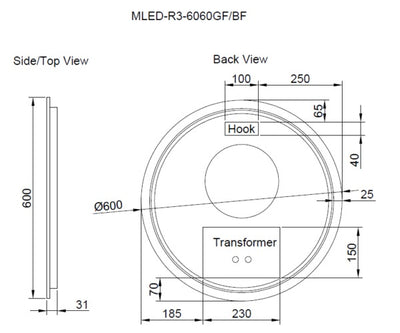 RIVA R3 FRAMED ROUND LED MIRROR 3 COLOUR LIGHTS WITH DIMMER BRUSHED NICKEL 600X600MM
