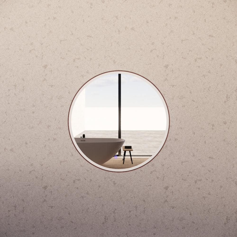 RIVA R3 FRAMED ROUND LED MIRROR 3 COLOUR LIGHTS WITH DIMMER BRUSHED COPPER 800X800MM