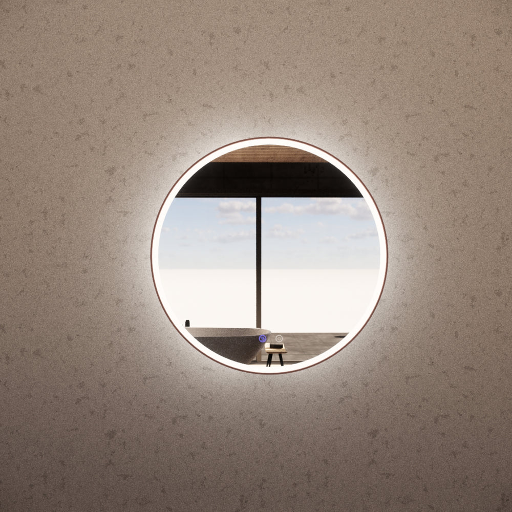 RIVA R3 FRAMED ROUND LED MIRROR 3 COLOUR LIGHTS WITH DIMMER BRUSHED COPPER 800X800MM